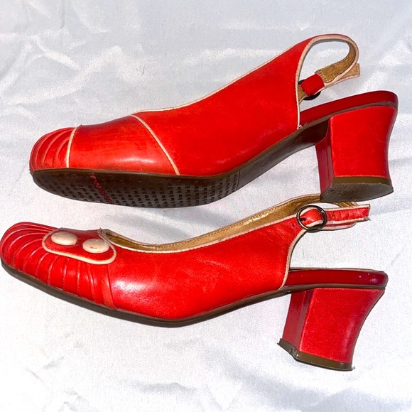 Miz Mooz Slingback Shoes Size 8 Red Cream Buttons Trim Block Kitten Heels Sz 8 - Picture 6 of 9